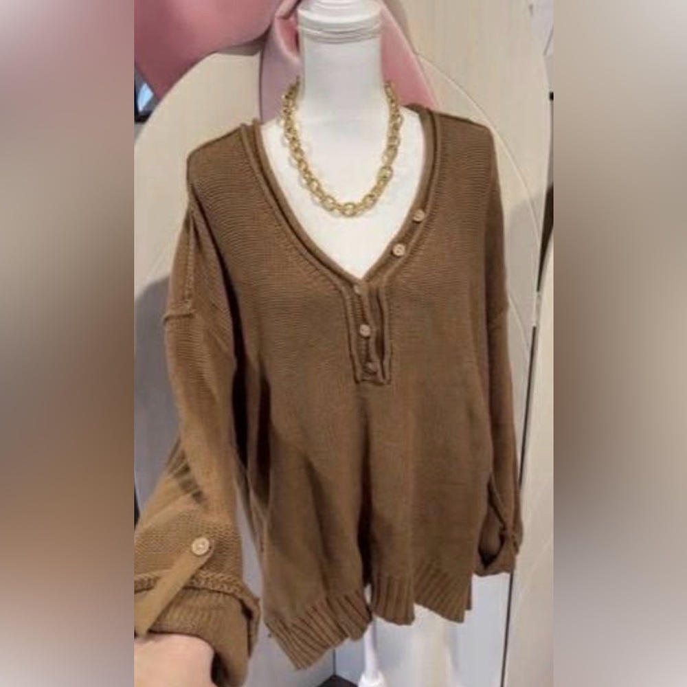 Oddy taupe  V-Neck Buttoned Women's Sweater 2X/3X